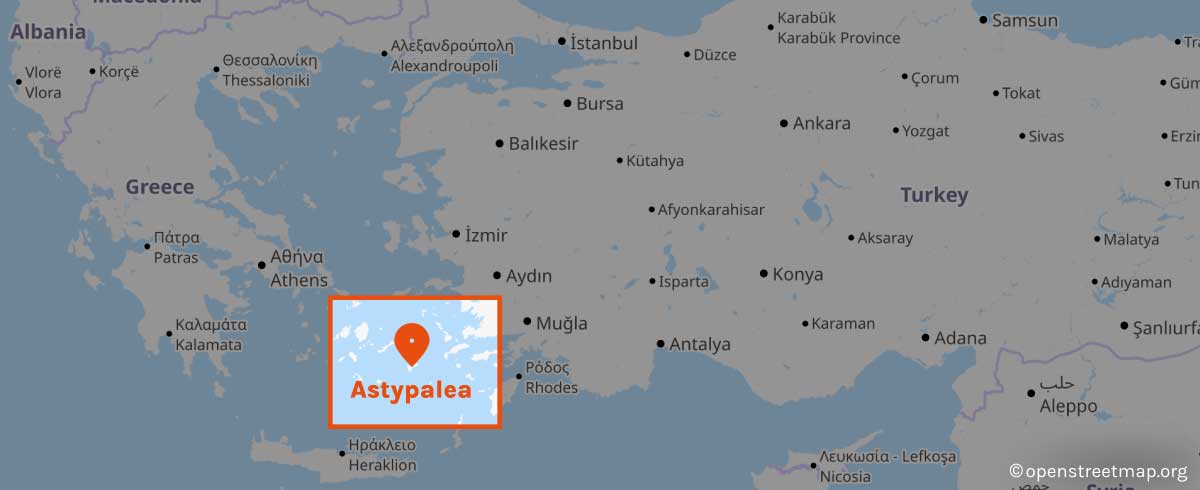 Mappa geografica con focus sulla posizione dell'isola di Astypalea in Grecia
