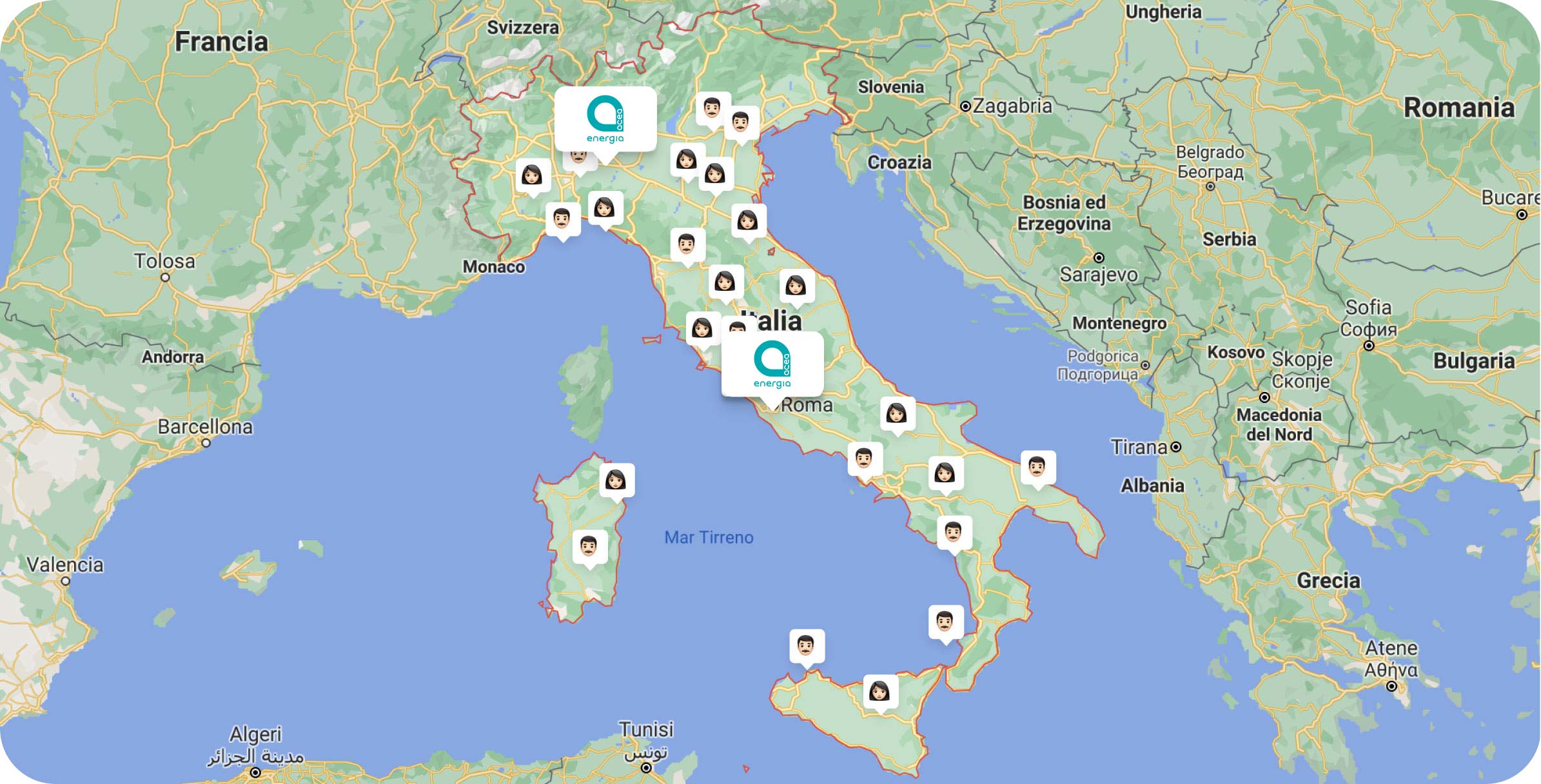 Esempio di mappa d'Italia con sedi Acea Energia