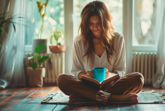 Mamma e figli che leggono un libro in casa