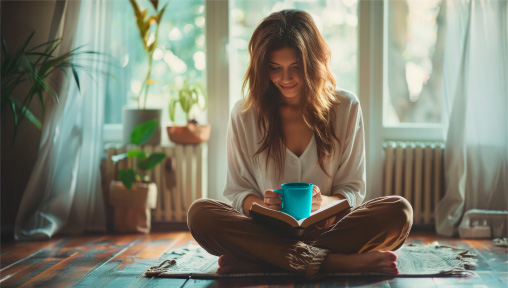 Mamma e figli che leggono un libro in casa