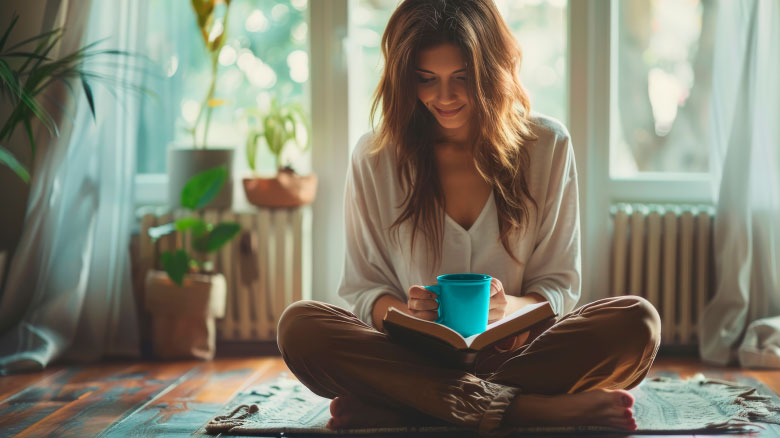 Mamma e figli che leggono un libro in casa